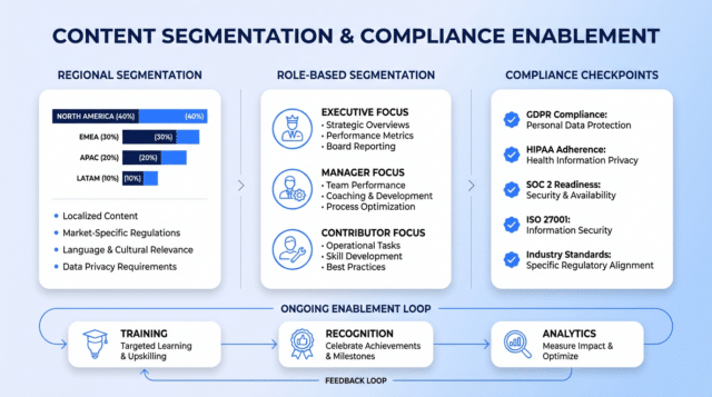 Infographic showing employee advocacy program best practices: content segmentation by role and region, compliance checkpoints, and an enablement loop for training, recognition, and analytics